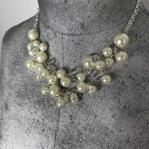 Fashion Costume statement necklace jewelry faux pearls and faceted beads silver - Picture 1 of 11