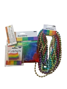 NWT Bundle 3 Pride Accessories Tie Dye Rainbow Bandana Beaded Necklaces Flag Pin - Picture 1 of 4