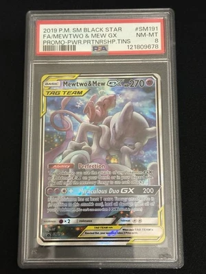 Mewtwo & Mew GX SM191 Tag Team Pokemon Black Star Promo PSA 8 - Image 1 of 2