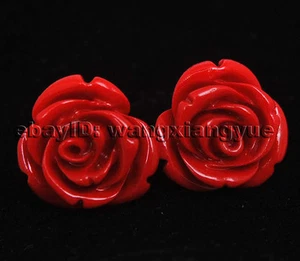 Pendientes 12mm Coral Rojo Tallado a Mano Flor Rosa Plata AAA - Imagen 1 de 3
