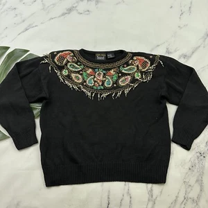 Trimmings Damen Vintage Perlen Pullover Größe L schwarz gold Pailletten Paisley - Bild 1 von 11