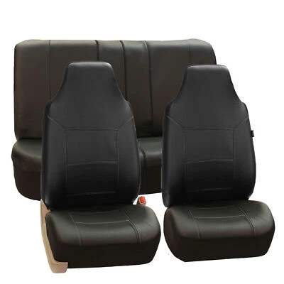 Fundas de asiento de respaldo alto de cuero PU de lujo para asiento trasero delantero negro para automóvil camión Foto 1 de 4