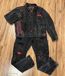 SMOKE RISE Jeans Mens 34x34 Black Distressed Paint Splatter Jacket XL Industrial - Picture 1 of 12