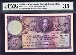 Commercial Bank of Scotland 5 Pounds 1952 Pick-S333 Ch Very Fine PMG 35 - Picture 1 of 2