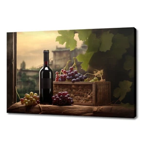 Vintage Bottle Of Red Wine Grapes Kitchen Decor Canvas Print Picture Wall Art - Picture 1 of 10