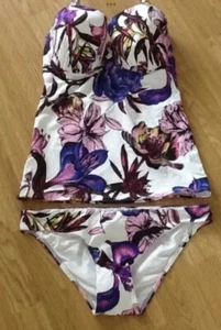 NEXT SIZE 36DD TOP & 14 BOTTOMS PURPLE FLORAL STRAPLESS TANKINI BIKINI BNWOT - Picture 1 of 3