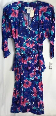 Vestido Jonathan Martin Vintage Feminino 7/8 Roxo Rosa Floral Midi Anos 80 Retrô Novo com etiquetas - Imagem 1 de 4