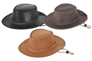 Australian Western style Cowboy Hat Outback Real Leather with Chin Strap Hat - Picture 1 of 16