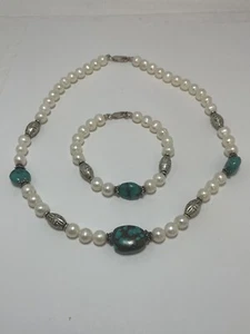 Conjunto de joyería de perlas turquesa collar y pulsera de plata de ley - Imagen 1 de 6