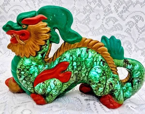 Vintage Chinese Dragon Ceramic Figurine Large 9 X 6" Green Raku Statue Qinglong - Picture 1 of 15