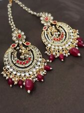 New Indian Pakistani Ethnic Chandbali Jhumki Sahara Chain Moti Pearl Red Earring