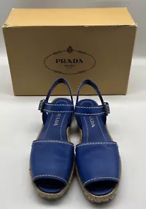 Prada Blue Leather Peep Toe Slingback Espadrille Flat Sandal sz 37 - Picture 1 of 6