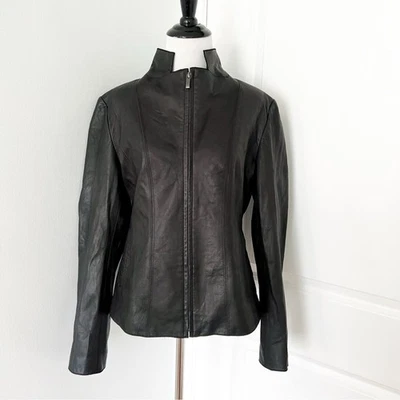Chaqueta de moto Cole Haan de cuero genuino negra - talla 8 Foto 1 de 4