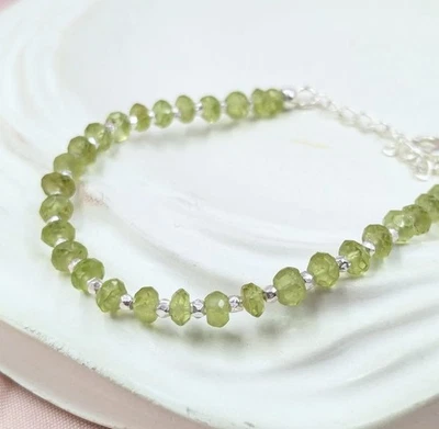 Green Peridot 3-4MM Faceted Rondelle Gemstone Beaded Silver Filled Bracelet 6-8" - Image 1 of 4