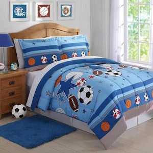 Juego de edredón doble de 2 piezas ropa de cama niños adolescentes niños deportes azules estrellas almohada simulada - Imagen 1 de 3