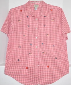 Teddi Top Damen Gr. Large Button Down rot weiß blau patriotische Flaggen Seersucker  - Bild 1 von 8