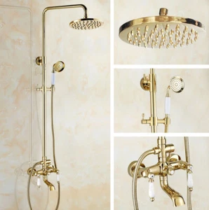 Gold Brass Rainfall 8" Shower Faucet Set Shower System With Tub Spout Mixer Tap - Picture 1 of 9