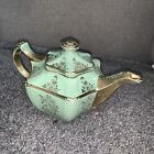 Vintage Hall Teapot Green/Gold Flowers Victorian Hexagon w/ Lid 6"