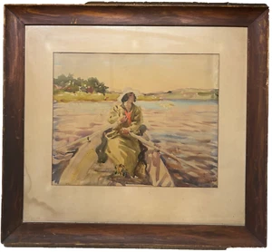 Dipinto originale CHARLES SARKA 'Donna in barca a remi' - artista NEW YORK elencato - Foto 1 di 16