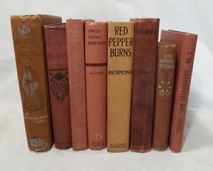 8 ASSORTED VARIETY Old ANTIQUE BOOKS Red Orange Tan Decorative Library Shelf - Imagen 1 de 12