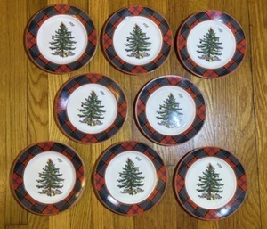 Set of 8 Spode Christmas Tree Tartan 7 3/4" Salad Plates NEW - Picture 1 of 11