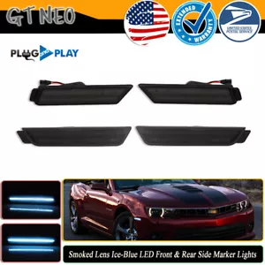 FOR 10-15 CHEVY CAMARO FRONT+REAR ICE BLUE LED BUMPER SIDE MARKER LIGHTS SMOKED - Picture 1 of 13