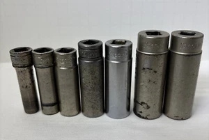 SNAP-ON  3/8" Drive Deep SAE Sockets  6 & 12 Pt Underlined Logo Vintage Lot of 7 - Foto 1 di 21
