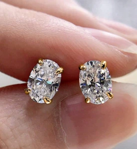 2Ct Lab Created Oval Cut Diamond Solitaire Stud Earrings 18K Gold Plated - Picture 1 of 3