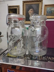 Lot of 2 Vintage Ball Ideal Glass Pint Jars With Wire Bail Lids - Picture 1 of 4