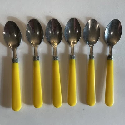 Set Of 6 Stainless Spoons With Bright Yellow Handles Teaspoons Soup Or Serving - Image 1 of 4