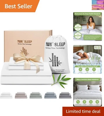 透气特大号床单套装 – 100% 有机竹纤维,优雅白色设计 — 第 1/4 张图片