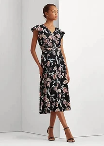 Lauren Ralph Lauren Women's Size 8 Black Floral Belted Crepe Midi Dress - Picture 1 of 10