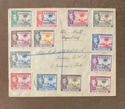 1938 KGVI Gambia SG 150-161 SC 132-143 conjunto en 1945 cubierta a Londres x. raro muy bien Foto 1 de 2