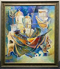 Colorful Greek abstract landscape painting by Inna Orlik, signed, 2003