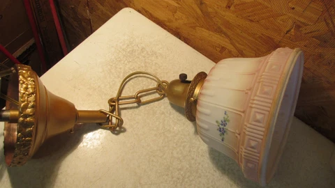Antique Pendant Light Fixture & Painted Pink Shade Cover