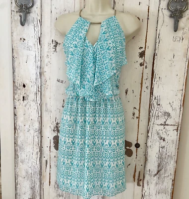 Bisou Bisou Sz 4 女式绿松石蓝色白色荷叶边饰边紧身夏季连衣裙 — 第 1/4 张图片