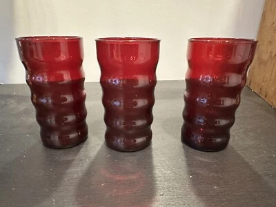 Anchor Hocking Royal Ruby Whirley Twirley 5" Tumbler - Vintage - Set of 3 - Image 1 of 4
