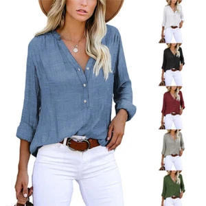 Women's V-Neck Basic Solid Leisure Shirt Long Sleeve Blouse Tops Fashion Blouse - Picture 1 of 22