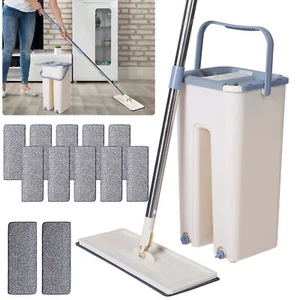 Flat Floor Mop Bucket Set Home Floor Self Cleaning +2/10/12 Microfiber Mop Pads - Picture 1 of 21