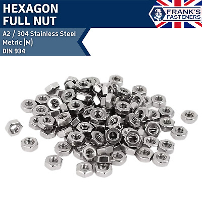 Full Nut Hexagon A2 304 Stainless | M2 M2.5 M3 M4 M5 M6 M7 M8 M10 M12 M14 Din934 • 17.45€