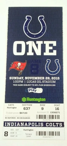 2015 Indianapolis Colts vs Tampa Bay Buccaneers NFL Football Full Ticket Stub Cover