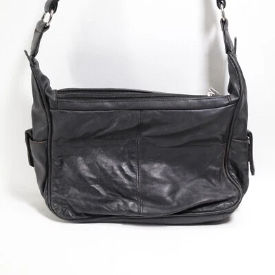 Bolsa de mão feminina vintage Cabin Creek tiracolo couro preto M 3 bolsos com zíper - Imagem 1 de 4