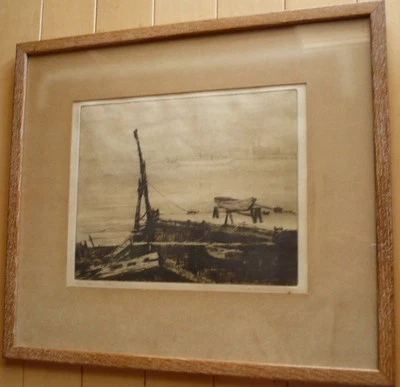 TRUDE HANSCOM, IMPRESIÓN GRABADA TEMPRANA DE CALIFORNIA LISTADA, FIRMADA, PAISAJE URBANO DEL PUERTO Foto 1 de 4