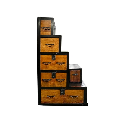 Vintage Restored Distressed Brown Black Narrow Tansu Step Cabinet cs7553 Cover