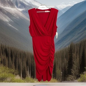 Neu mit Etikett Eliza J rot gerafftes Surplice V-Ausschnitt ärmelloses Midikleid Größe 18W - Bild 1 von 8