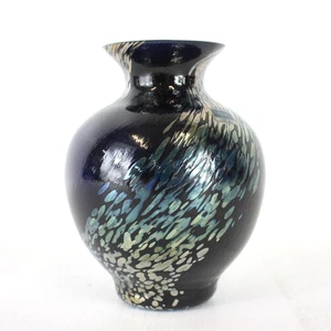 CAITHNESS Art Glass Black Speckled Small Squat Vase Stickered 4.5" Tall - MLY - Picture 1 of 9