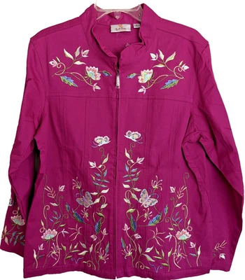 Quacker Factory Jacket Women L Embroidered Floral Zip Up Pockets Butterfly NWOT - Image 1 of 4