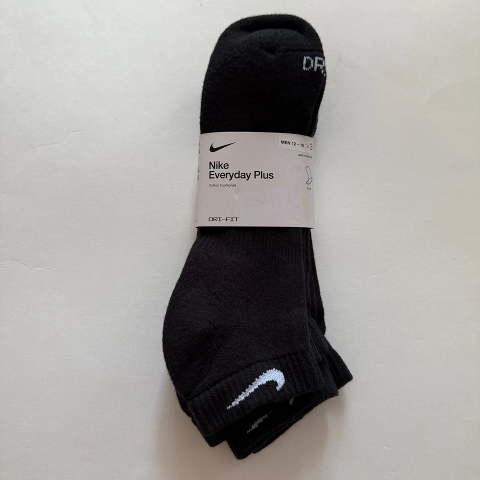 Nike Men's L 3-Pack Everyday Plus Dri Fit Black Cushioned Ankle Socks SX7040-010