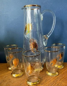 Vintage 6 Piece Pitcher Jug And Glass Set Etched Glad And Gold Details - Picture 1 of 10