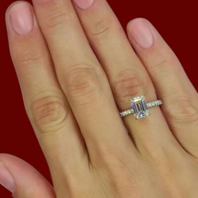 Diamond Wedding Ring 14K White Gold Emerald Cut Lab Created IGI 2 Ct  - Image 1 of 4